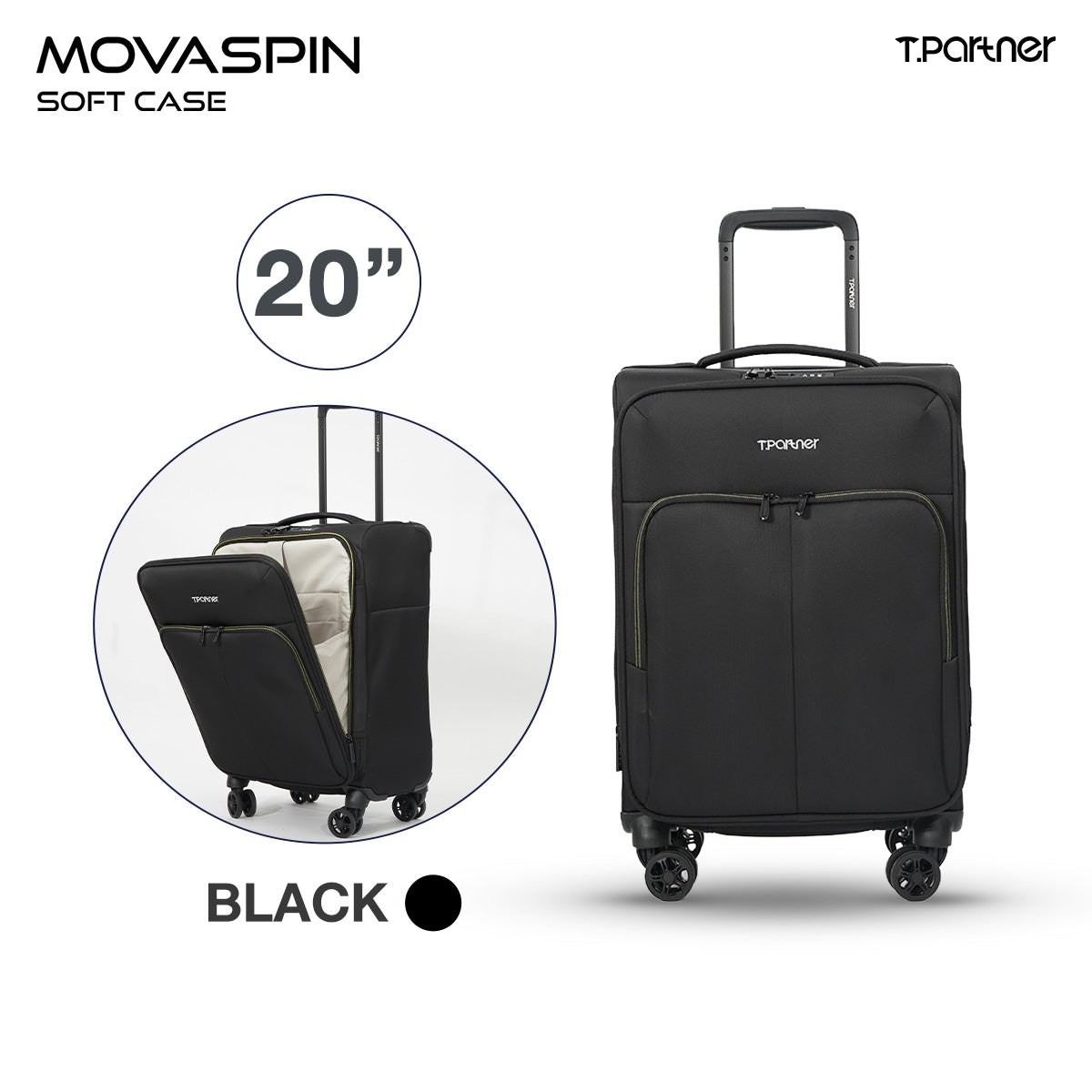 TPARTNER MOVASPIN Soft Case กระเป๋าเดินทางผ้าน้ำหนักเบา 20/24/28 นิ้ว เปิดหน้า ใส่ Laptop ขยายได้ TSA Lock