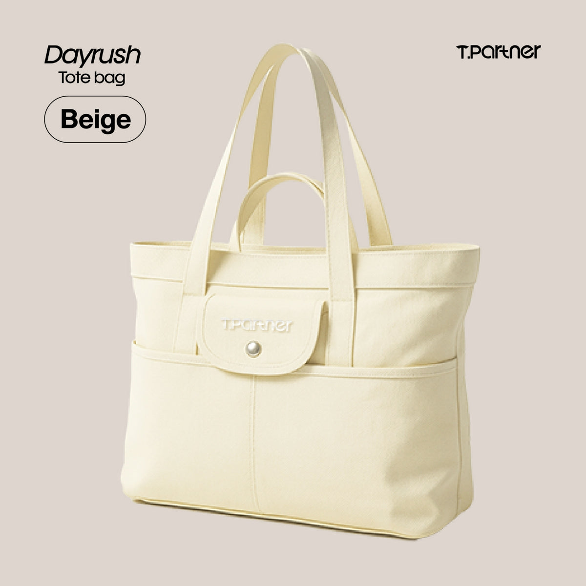กระเป๋าโท้ท DayRush สีเบจ ทำจากผ้าแคนวาส ดีไซน์เรียบหรู มีช่องใส่ของด้านหน้า