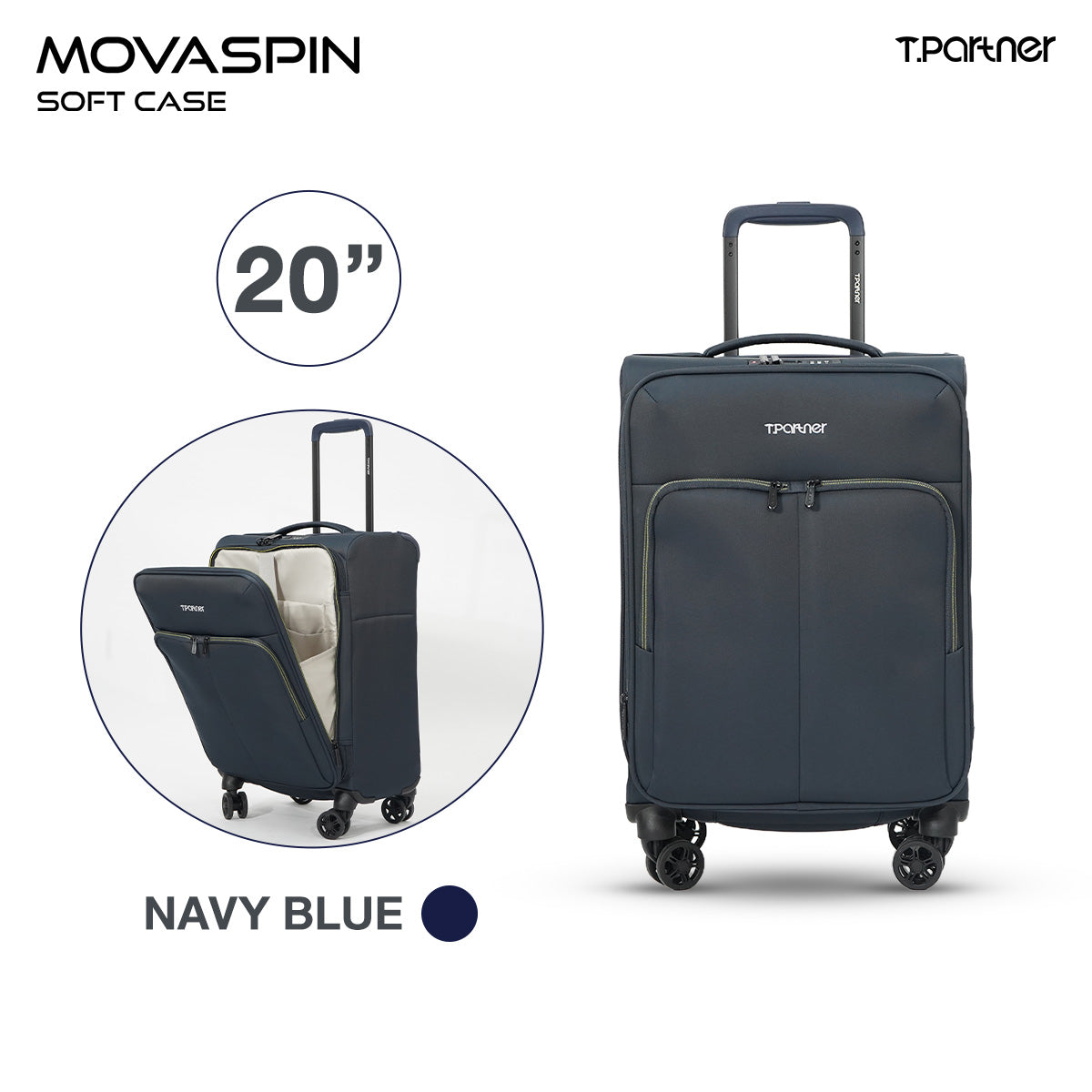 TPARTNER MOVASPIN Soft Case กระเป๋าเดินทางผ้าน้ำหนักเบา 20/24/28 นิ้ว เปิดหน้า ใส่ Laptop ขยายได้ TSA Lock