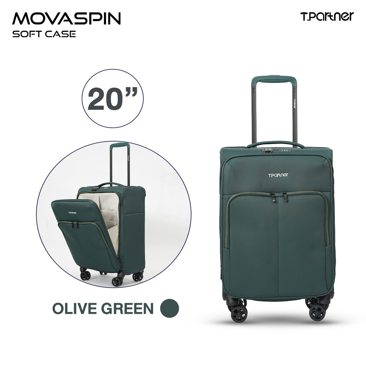 TPARTNER MOVASPIN Soft Case กระเป๋าเดินทางผ้าน้ำหนักเบา 20/24/28 นิ้ว เปิดหน้า ใส่ Laptop ขยายได้ TSA Lock